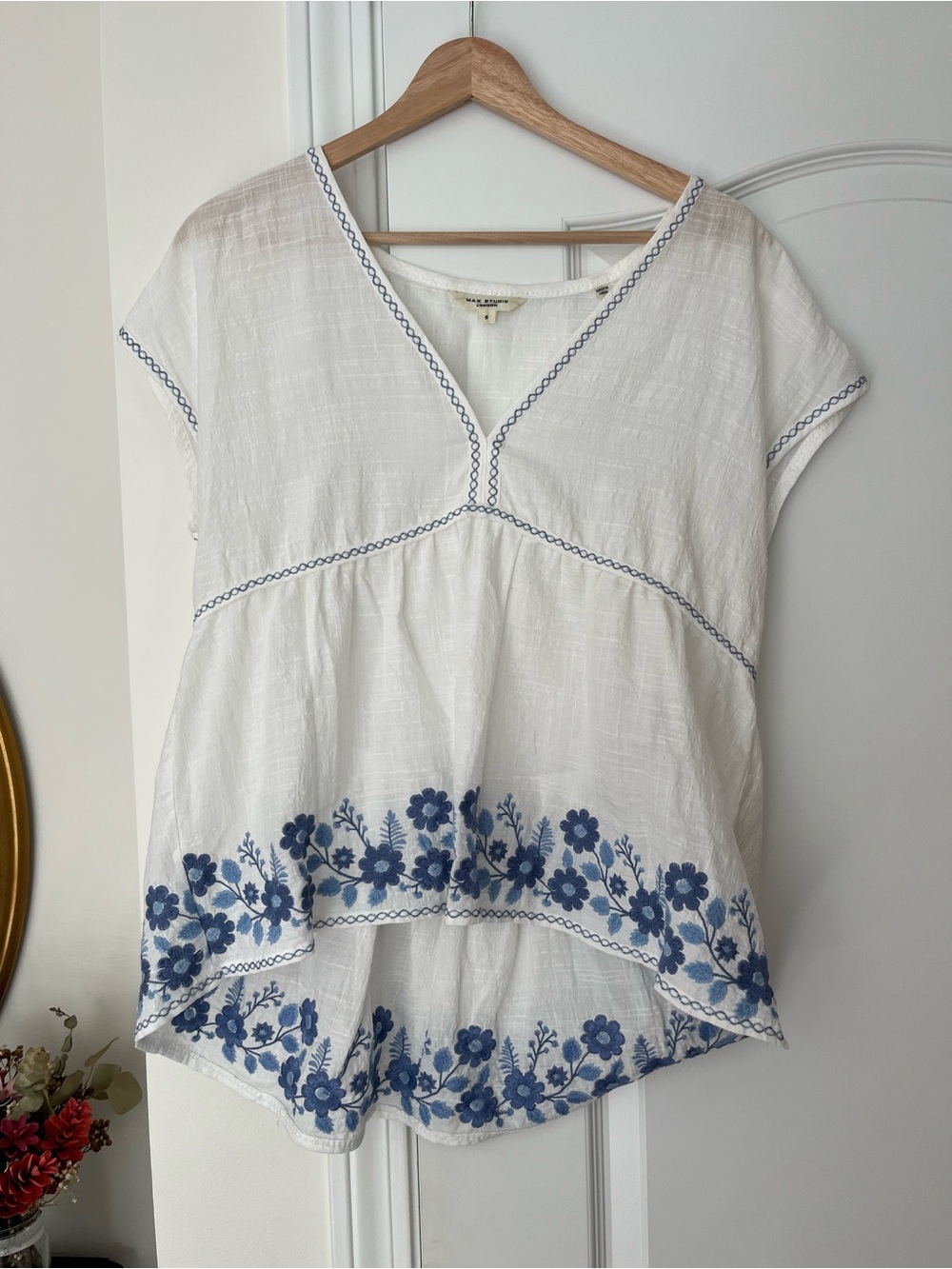White & Blue Embroidered Cotton Peasant Top